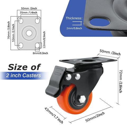 Front view of 2 Inch Caster Wheels Set Of 4 With Brakes Heavy Duty Polyurethane Swivel Casters 360 Degree Plate Caster Wheels