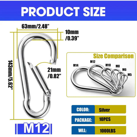 Silver M12 carabiner measuring 5.62 x 0.82 inches, part of a 10-pack, compared with smaller sizes. Capacity not visible.