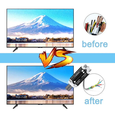 Image comparing TV quality before and after using Ultimate TV Audio Noise Eliminator for Cable and Antenna Coax 75 Ohm Ground Loop Isolator.