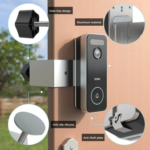 Anti Theft Doorbell Mount For AOSU Video Doorbell SE Pro Ultra No Drilling Bracket Fits Doors From Eight Tenths To Two Inches Thick With Small Clearance L Shaped Security installed showing aluminum material and anti-theft plate
