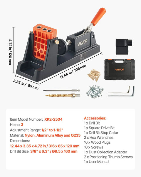 Lightweight Pocket Hole Jig Kit With One Half Inch To One And A Half Inch Adjustable Depth Dust Collection Adapter Detachable Guide Block Drill Bit Stop Collar Easy Adjusting For Woodworking Projects DIY Friendly shown with accessories including drill bit, screws, and hex keys.