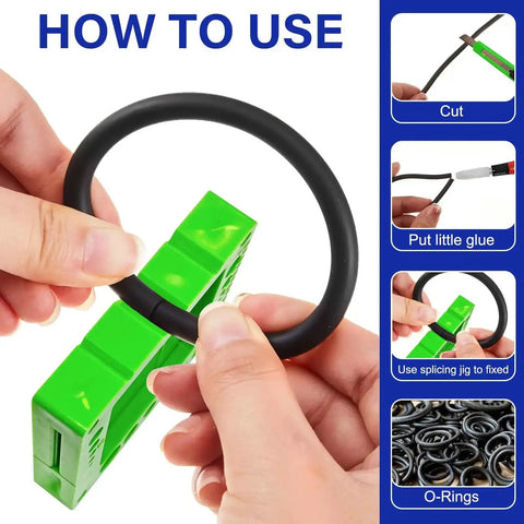 O Ring Splicing Kit 70A Durometer Pro Grade Heavy Duty Cord Service Tool Set With Rubber Strips For O Ring And Rubber Seal Repair SAE And Metric Sizes 1.5 To 6.99 Millimeters Buna Nitrile with green splicing tool and instructions