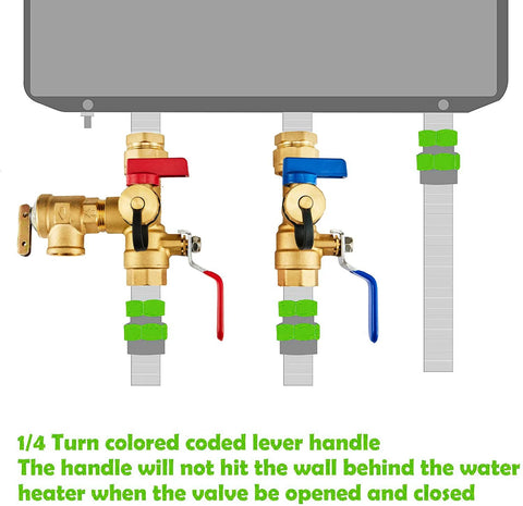 Brass 3/4 in IPS tankless water heater isolator valve kit with two valves, red and blue handles and relief valve