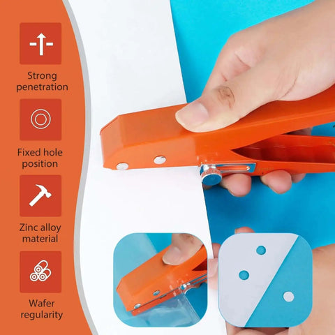 Using the Beefy Five Sixteenth Inch Heavy Duty Single Hole Puncher on a paper edge, showing clean punch holes and metal pliers.