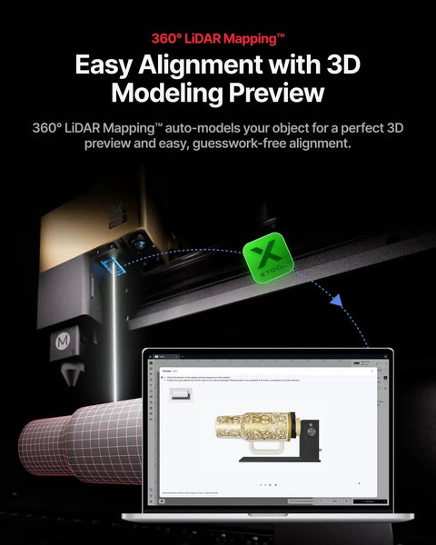 Smart MagSwap Rotary Attachment For P3 F2 Ultra F1 Ultra And Laser Engravers shown with 360 Degree LiDAR Mapping Alignment setup
