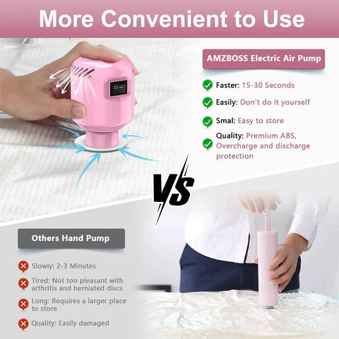 Comparison between pink Electric Vacuum Pump for Storage Bags and hand pump, highlighting speed, ease of use, and size.