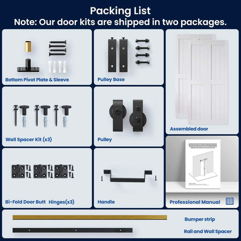 Packing list for Bifold Barn Door System 72x84 Inches White MDF Sliding Closet Doors with hardware components and manual