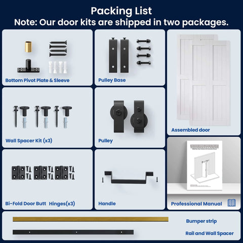 Space Saving Bifold Barn Door Kit 60 By 84 Inches White MDF Bi Fold Sliding Closet Doors With Hardware Included, components display