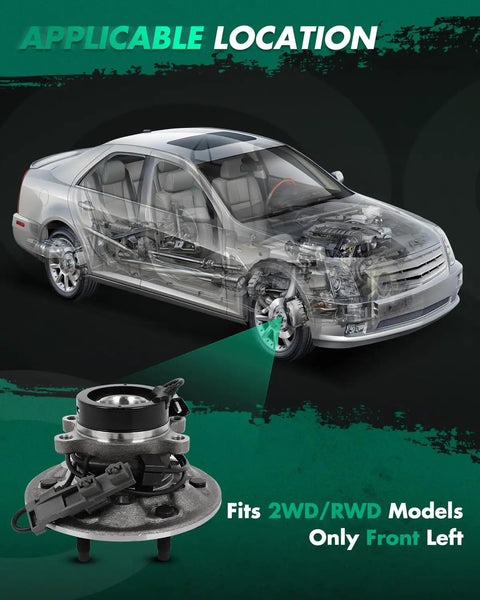Front Wheel Hub Bearing Assembly For Chevy Colorado And GMC Canyon 2004 2008 5 Lug With ABS Fits 2.8L 2.9L 3.5L 3.7L Engines, shown in exploded vehicle view