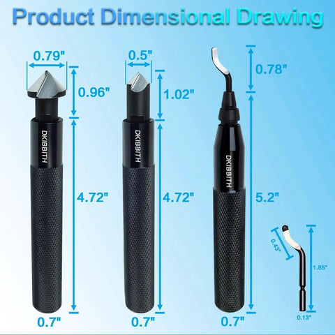 13 Piece Deburring Tool Set With Swivel Head And 2 Countersinks And 11 HSS Blades for precise burr removal with measurements.