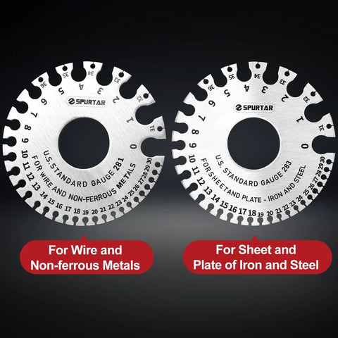 Close-up of Dual Sided Stainless Steel Wire Gauge Measuring Tool Set With 3 Pieces, 2 Round Gauges for precise measurements.