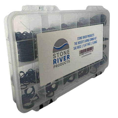 Hoser’s Combo Kit For Hydraulic Boss Flat Face Flange O Ring Assortment, clear case with Buna N 90A nitrile seals, 24 sizes visible
