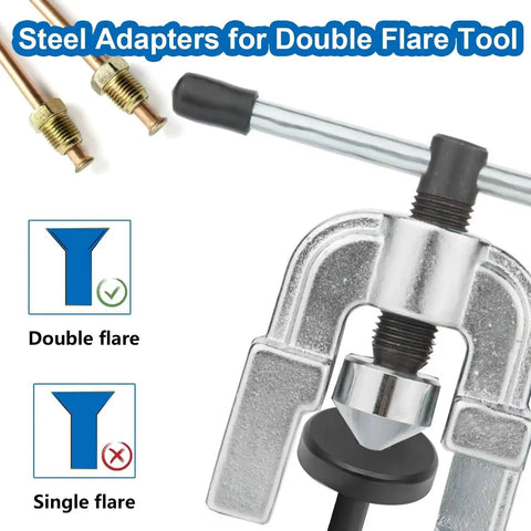 Brake Line Double Flare Adapters Set 3/16 And 1/4 Inch With Flare Dies showing steel adapters and copper tubing