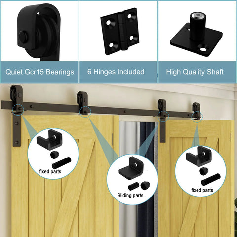 66 Inch Bi Folding Sliding Barn Door Hardware Kit With Five And A Half Foot Heavy Duty Track And Rollers For Up To Four Fifteen Inch Wide Doors Smooth Quiet Operation Easy Install Black Finish No Door Panel Included Ready To Roll installed on wooden doors showing hardware components