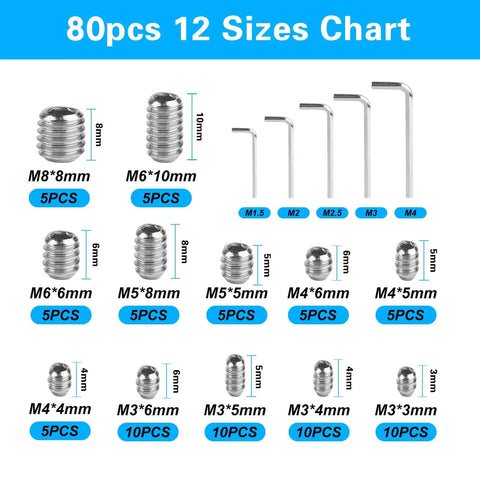 80 Piece Hex Set Screws Kit For Home DIY And Furniture Repair, Grub Screws M3 To M8 In Stainless Steel, Anti Rust And Corrosion Resistant, Perfect For Door Handles, Electronic Parts, Fixtures, 12 Sizes display with size chart.