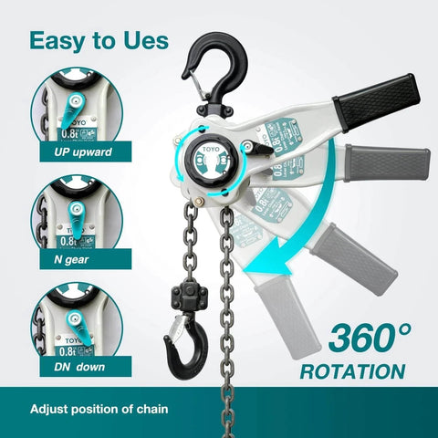 Lever Chain Hoist 1750 Lb 10 Ft Come Along Ratchet Hoist Alloy Steel G80 Chain with rotation demonstration and usage modes
