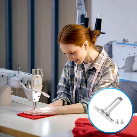 Sewing machine in use with Edge Guide T Gauge For Sewing Machines With 2 Thumb Screws, Precision Stitching Tool shown in overlay image