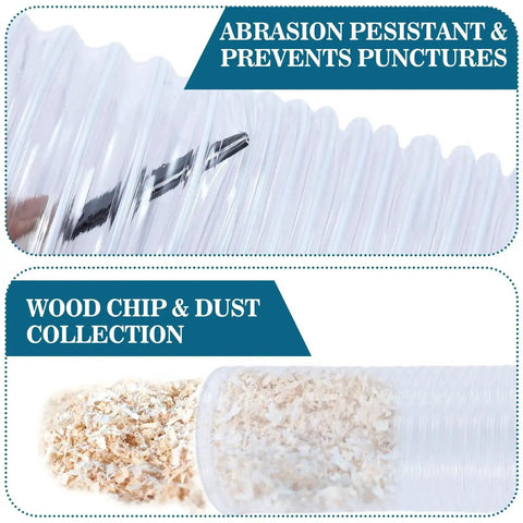 Close-up of 3 Inch 30 Ft PVC Dust Collection Hose with text showing abrasion resistance and wood chip collection.