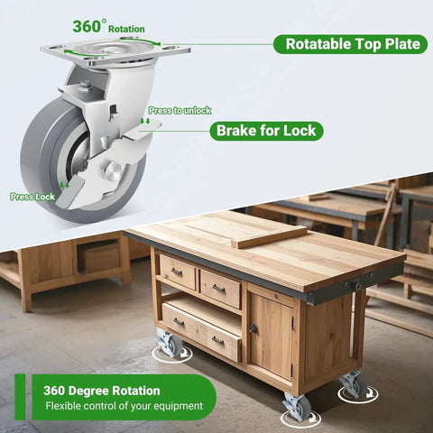 Heavy Duty 5 Inch Casters With Brake Set Of 4 Industrial Grade Thermoplastic Rubber Swivel Castors 3500 Lbs Load Capacity on wood workbench
