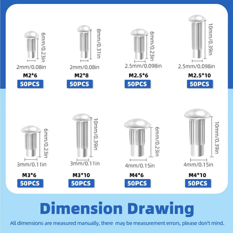 Dimension drawing of Rivet Set 400Pcs With Storage Box Aluminum Solid Rivets Knurled Shanks In 8 Sizes M2 M2.5 M3 M4.