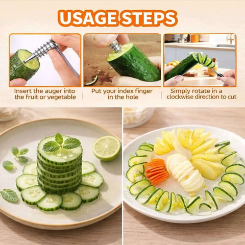 Image showing usage steps of Spiral Vegetable Cutter Set With Stainless Steel Piranha Style Spiral Cutter And Carrot Curler Tool For Potatoes Cucumbers And Carrots Includes Flower Maker For Garnish And Decorative Dishes, demonstrating vegetable cutting and garnishing on plates.
