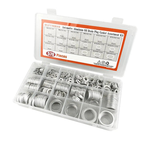 570 Piece Oil Drain Plug Gasket And Crush Washer Kit With 18 Sizes M6 Through M24 Aluminum Flat Washers For Auto And Electrical Maintenance Heavy Duty Corrosion Resistant Set For High Temperature And Humidity Environments displayed in open case