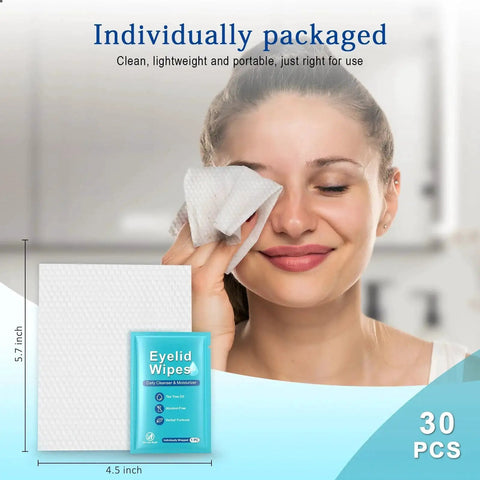 Woman using Tea Tree Eyelid Cleansing Wipes For Eyes And Makeup Removal Saline Rinse Travel, pack of 30