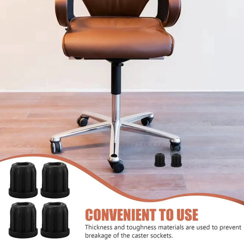 Chair with 20 Piece Set of Durable Round Plastic Chair Wheel Sockets and Caster Inserts for Restoring Stability to Wobbly Swivel Computer Chairs