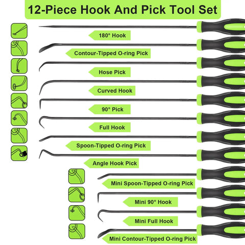 12 Piece Automotive Hook And Pick Tool Set With Long And Mini Precision Puller Remover Tools For Auto O Ring Seal And Gasket Removal In Tight Engine Bays Pro Mechanic Car Repair Essentials Doaho Tools showcasing various pick and hook designs.