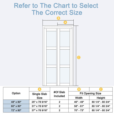 Size chart for Paintable Sliding Closet Doors 48x80 Bypass Panels With Hardware Kit, 3 Lite Frosted Glass Slab.