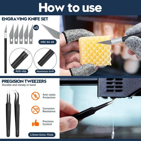Gloved hands using engraving knife and precision tweezers in All In One 46 Piece 3D Printer Tool Kit For FDM And SLA Printers.