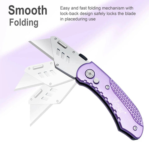 Folding Utility Knife With Quick Change SK5 Blades Axis Lock Aluminum Handle in purple showing smooth folding design.