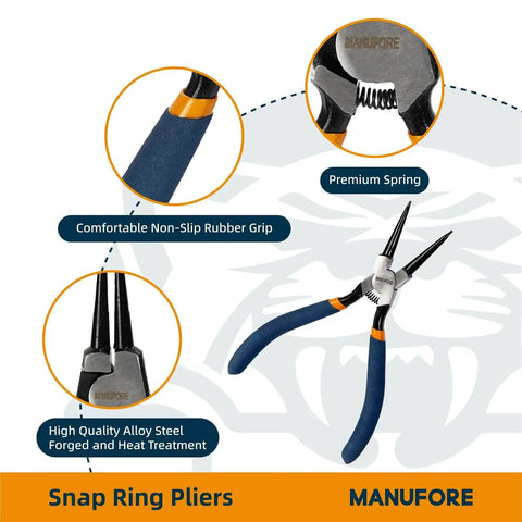 7 Inch Snap Ring Pliers Set With Internal And External Circlip Pliers, Straight And Bent Jaw Tips, Ergonomic Carbon Steel Handles