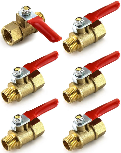 QWORK brass ball valve set, 1/4 in, six-pack with red lever handles and male to female NPT fittings