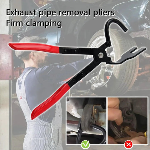 Exhaust Hanger Removal Tool With 25 Degree Offset Design And Non Slip Pliers shown in use on vehicle undercarriage.