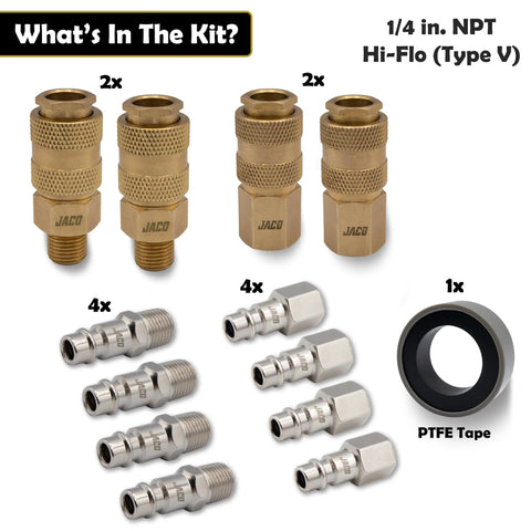 Amazon JACO Hi-Flo Type V 1/4 in NPT air fittings kit: 4 brass adapters, 8 silver adapters, PTFE tape.