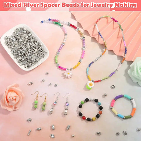 350 Pcs Silver Spacer Beads For Jewelry Making Bulk Mixed Styles Metal Beads shown with colorful necklaces and bracelets