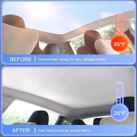 Glass Roof Sunshade For Tiguan 2010 To 2017 One Piece Foldable Shade shown before and after installation inside vehicle