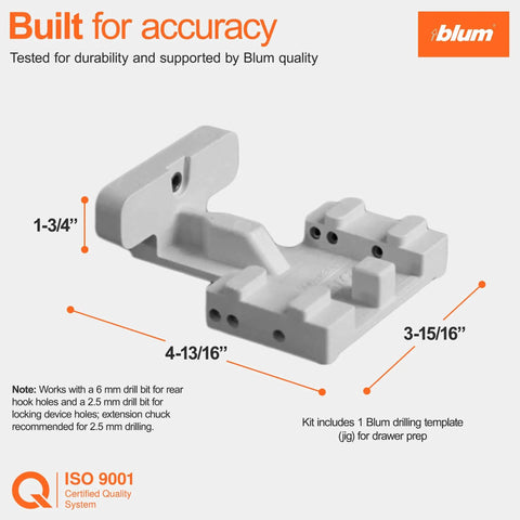 Precision drilling template for concealed undermount drawer runners shown with measurements and Blum branding.