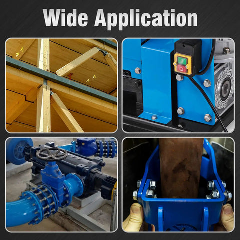 Collage showing wide application of blue industrial equipment, wooden beams, piping system, and machinery in construction and mechanical settings.