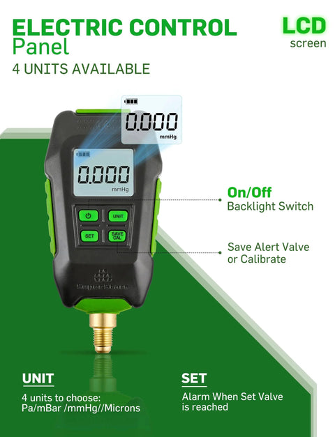 Digital Micron Vacuum Gauge For HVAC With Pirani Sensor And LCD Display Temperature Compensation And Four Units Pa MBar MmHg Microns One Quarter Inch SAE Connection Digital Pressure Tester Meter For Refrigeration And Home AC Maintenance Pro Grade showing controls and display