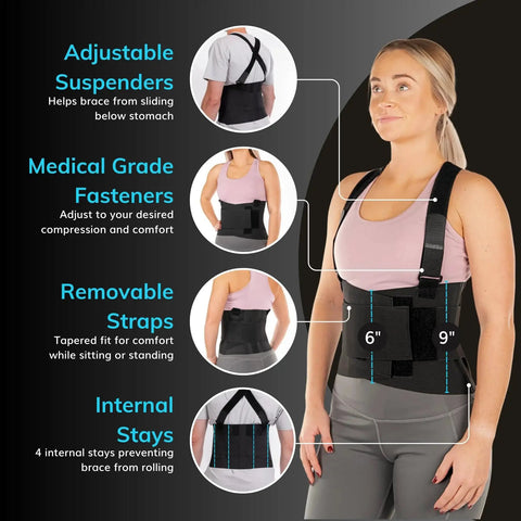 Front view of black BraceAbility work back brace with removable shoulder straps worn by a woman.