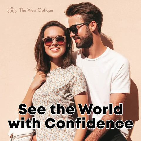 Couple wearing sunglasses outdoors; Anti Reflective Safe Lens Cleaner Spray for Glasses Cameras and Screens Ammonia Free 1.35 Ounce ideal use.