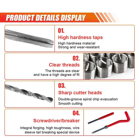 Product details display of M6 x 1.0mm Thread Repair Insert Kit with stainless steel helicoil inserts, showing tap and drill tools.