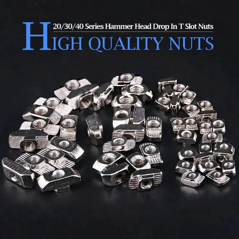 European M3 M4 M5 M6 Hammer Head Drop In T Slot Nut Kit For 20 30 40 Series Aluminum Profiles, nickel plated carbon steel.