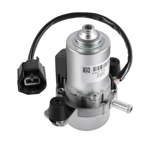 Power brake booster auxiliary electric vacuum pump, silver metal housing with black electrical connector.