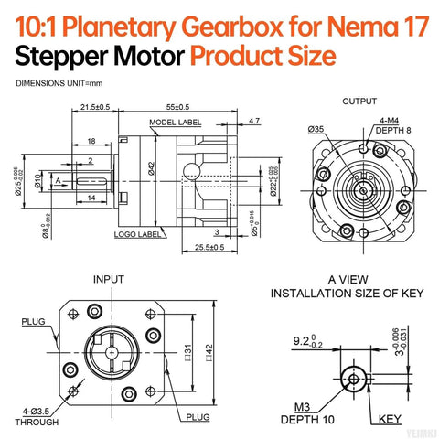 Diagram of Ratio 10:1 Planetary Gearbox for Nema 17 Stepper Motor 42-55mm Backlash 15 arcmin Input Shaft 25.5mm φ5mm.