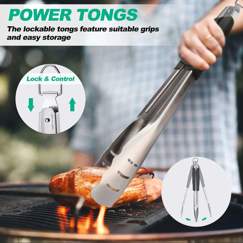 Close-up of hand using Heavy Duty BBQ Tool Set With Spatula, Fork And Tongs In Premium Stainless Steel on grill.