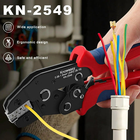 Versatile Precision Crimp Tool KN-2549 Pro Grade With Automatic Release For JST Molex Dupont Terminals in use, ergonomic design.