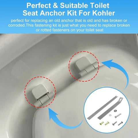 Toilet Seat Anchor Kit With Replacement Bolts And Screws For Toilet Seats Compatible With K 84999 K 3386 K 3393 K 3398 K 3564 K 14338 K 3607 Durable Metal Hardware With Enhanced Abrasion And Rust Resistance Suitable For One Piece And Standard Toilets image showing product components and installation guide.